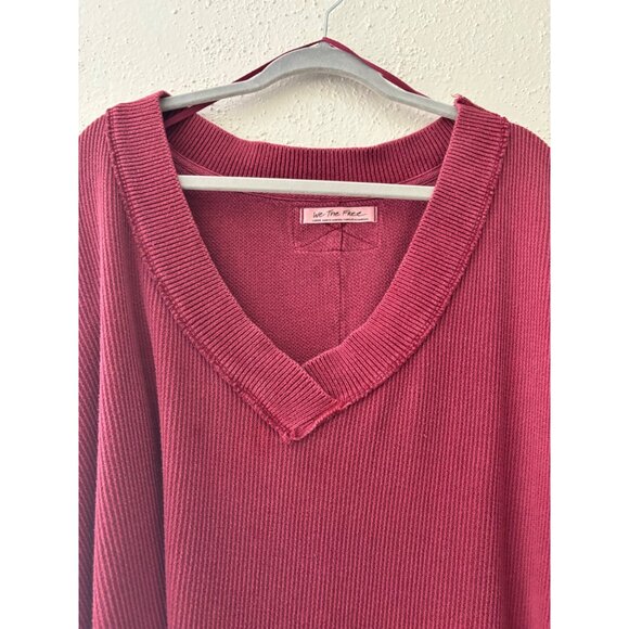 We The Free Asher Thermal Knit Oversized V-Neck Top Large Burgundy Ribbed - Picture 8 of 12